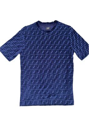 Fendi Zucca Monogram Velour T-Shirt Navy Blue Sz S